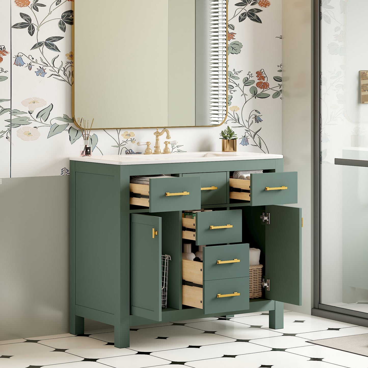 Dexmalle 36-in Green Undermount Single Sink Bathroom Vanity with White Ceramic Top and Four Drawers