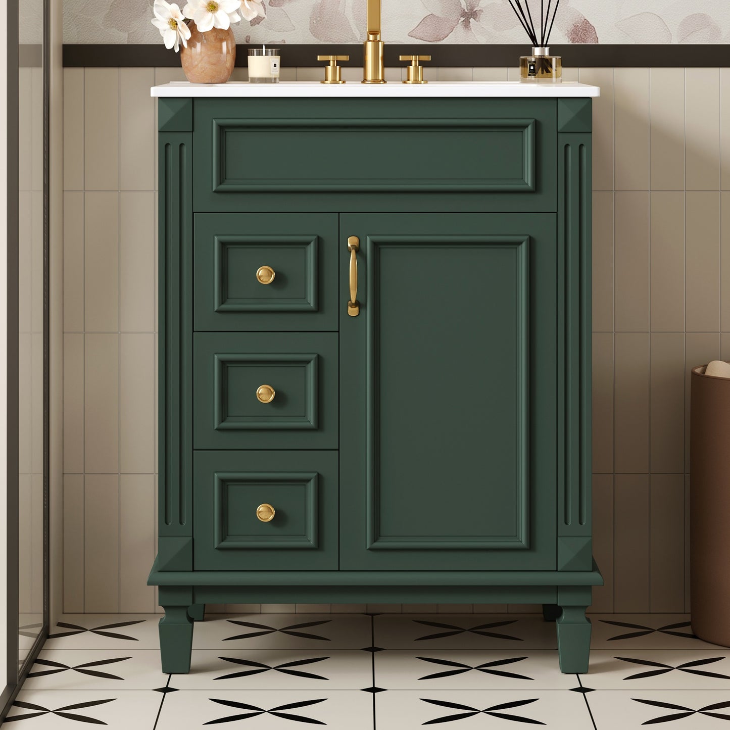 Dexmalle 24-in Green Modern Freestanding Single Sink Bathroom Vanity With Whtie Top and Two Drawers