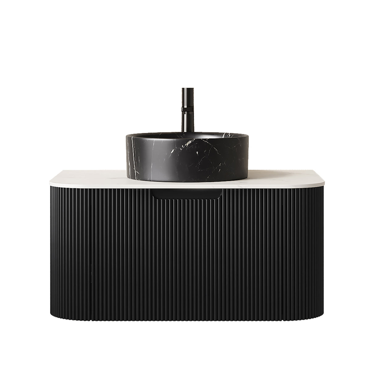 Dexmalle 30" Bathroom Vanity&Sink, Floating Curved Edges Striped Storage Cabinet with Drawer, Stone Black Round Ceramic Basin