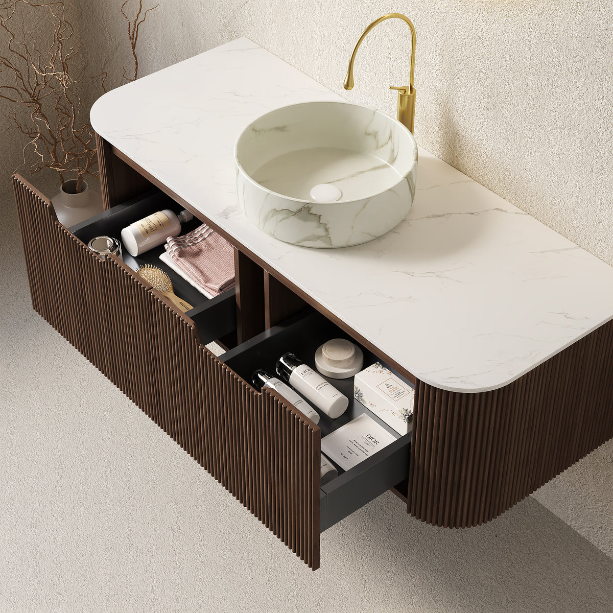 Dexmalle 48" Bathroom Vanity&Sink, Floating Curved Edges Stripe Storage Cabinet with 2 Drawers, Stone White Round Ceramic Basin