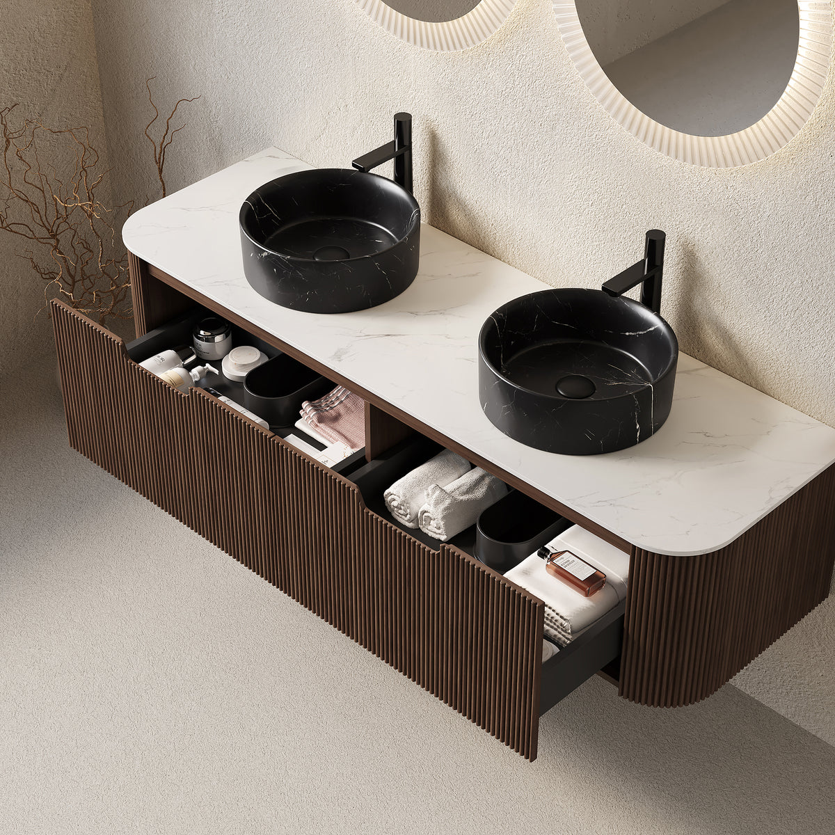 Dexmalle 60" Bathroom Vanity&Sinks, Floating Curved Edges Striped Storage Cabinet with 2 Drawers, 2 Stone Black Round Ceramic Basins