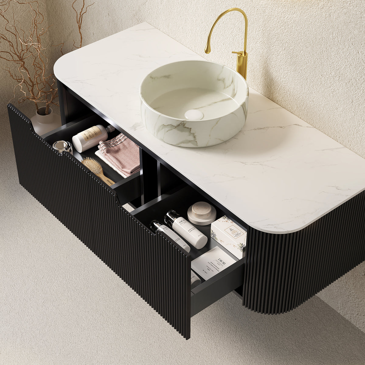Dexmalle 48" Bathroom Vanity&Sink, Floating Curved Edges Striped Storage Cabinet with 2 Drawers, Matte Stone White Round Ceramic Basin