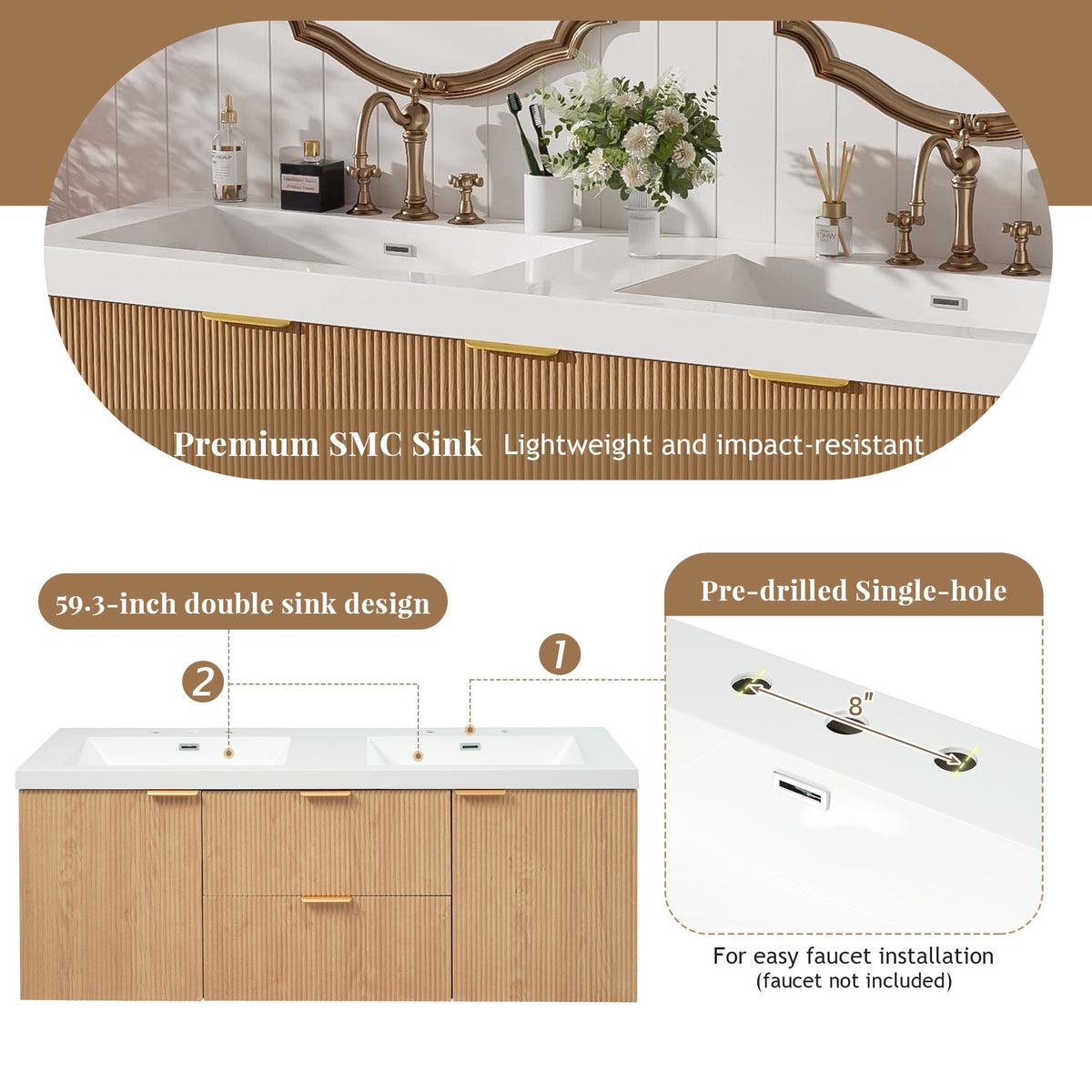 Dexmalle 59.3 Inch Double Sink Bathroom Vanity with SMC Resin Top