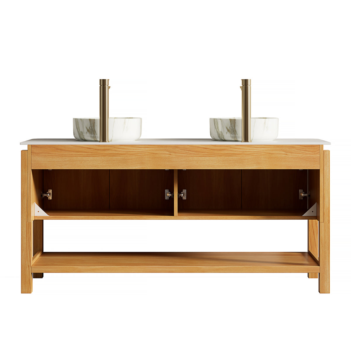 Dexmalle 60" Bathroom Vanity&Sinks,Freestanding Plywood Storage Cabinet with 4 Bamboo Texture Doors&Open Shelf