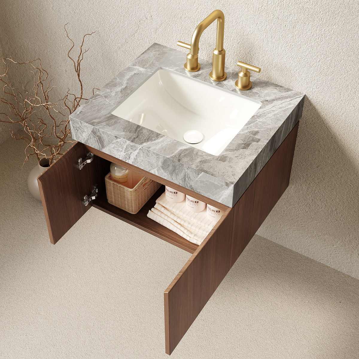 Dexmalle Bathroom Vanity&Sink, Floating Plywood Storage Cabinet with 2 Doors, Light Gray Sintered Stone Top&Ceramic Basin