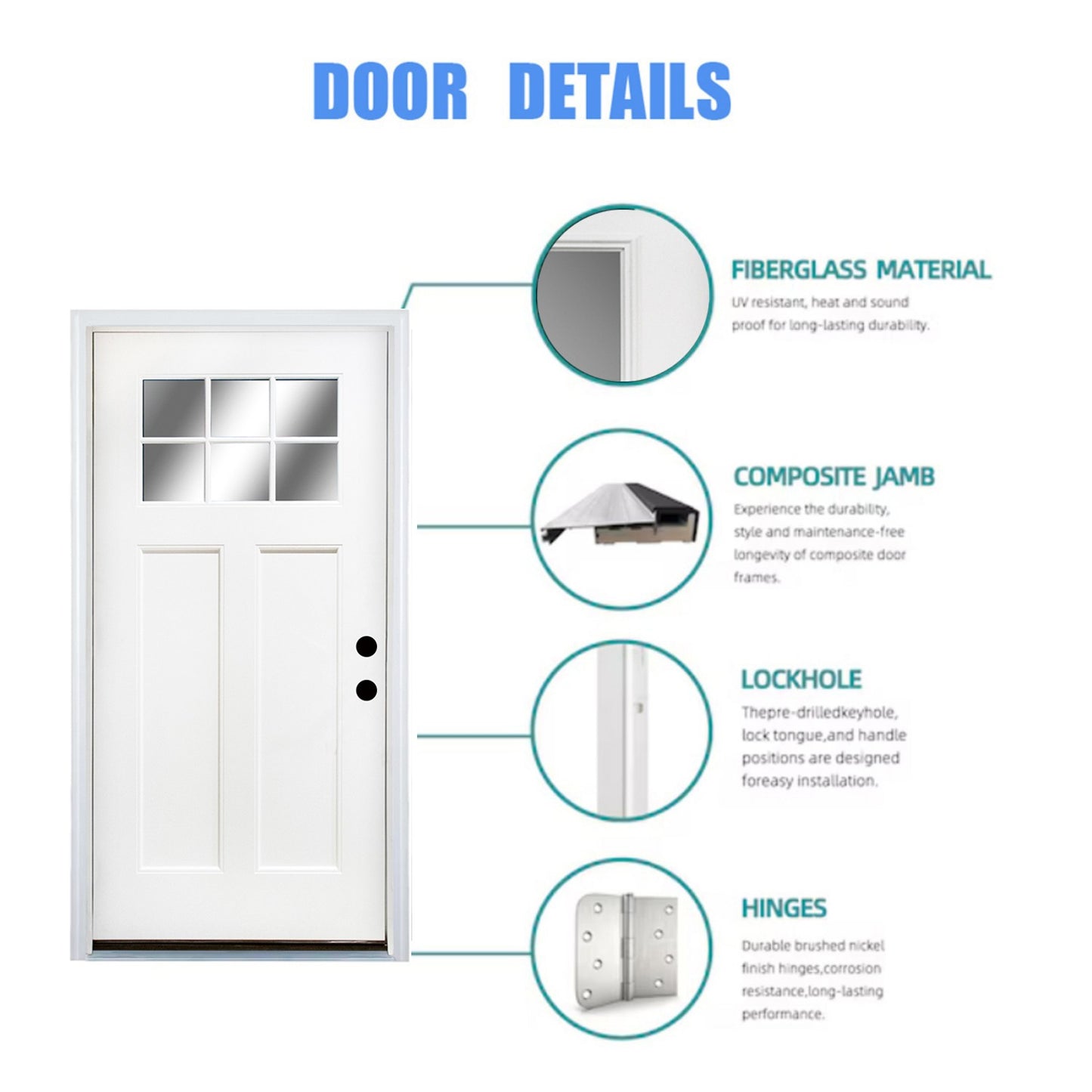 Dexmalle 36'' x 80" Fiberglass Entry Door with Brickmould Left Hand Inswing