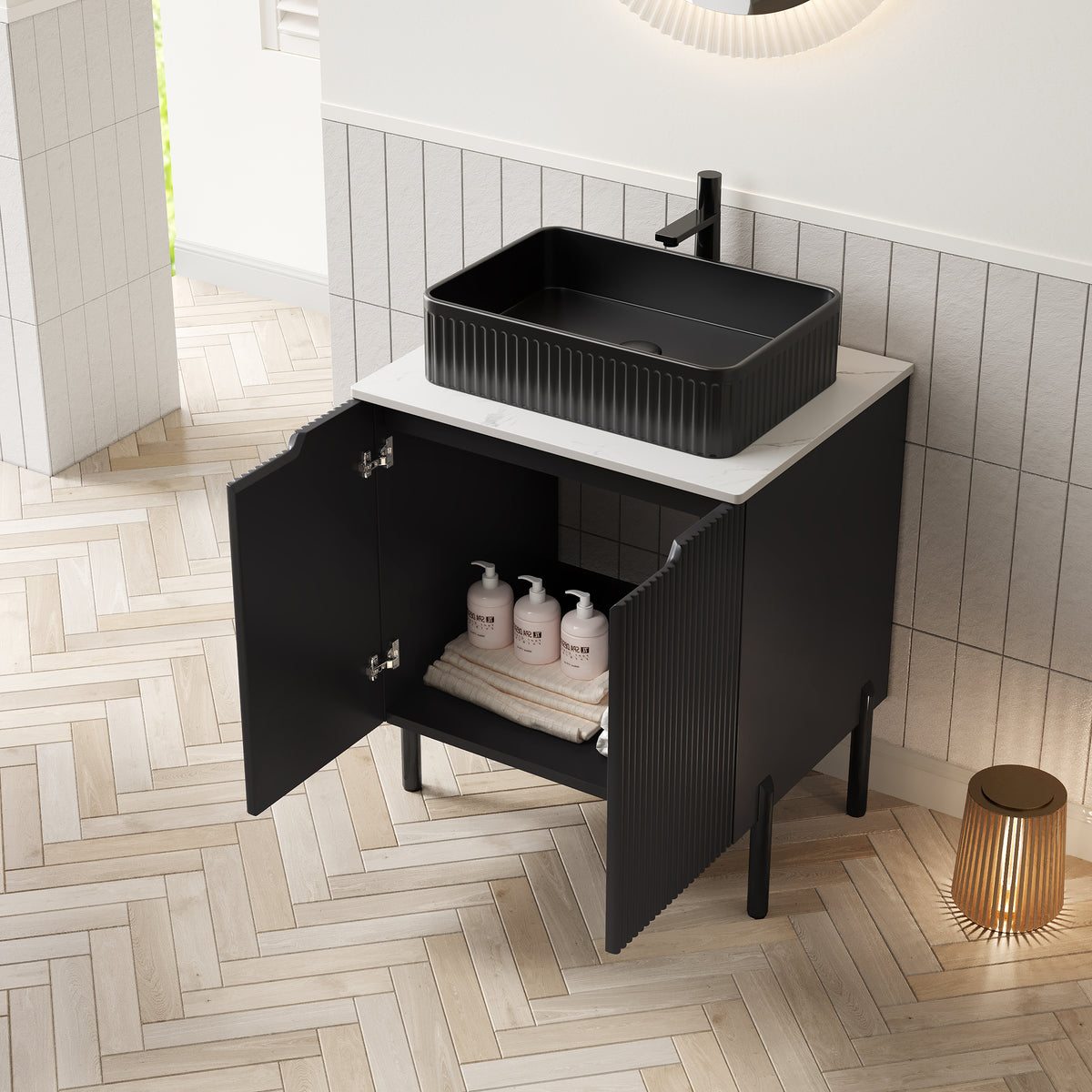 Dexmalle 24" Bathroom Vanity with Sink, Freestanding Bathroom Storage Cabinet with 2 Doors, Black Ceramic Basin
