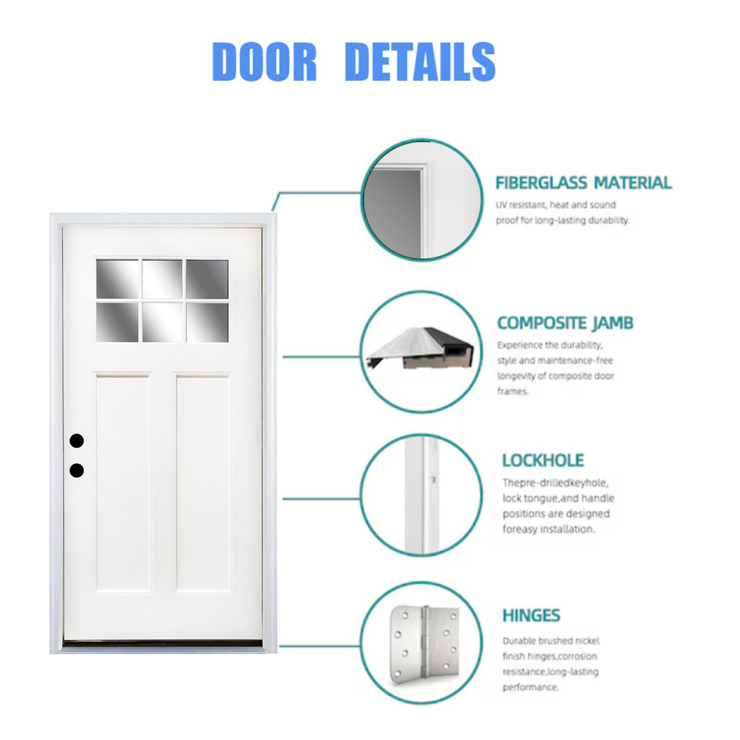 Dexmalle 36'' x 80" Fiberglass Entry Door with Brickmould Right Hand Inswing