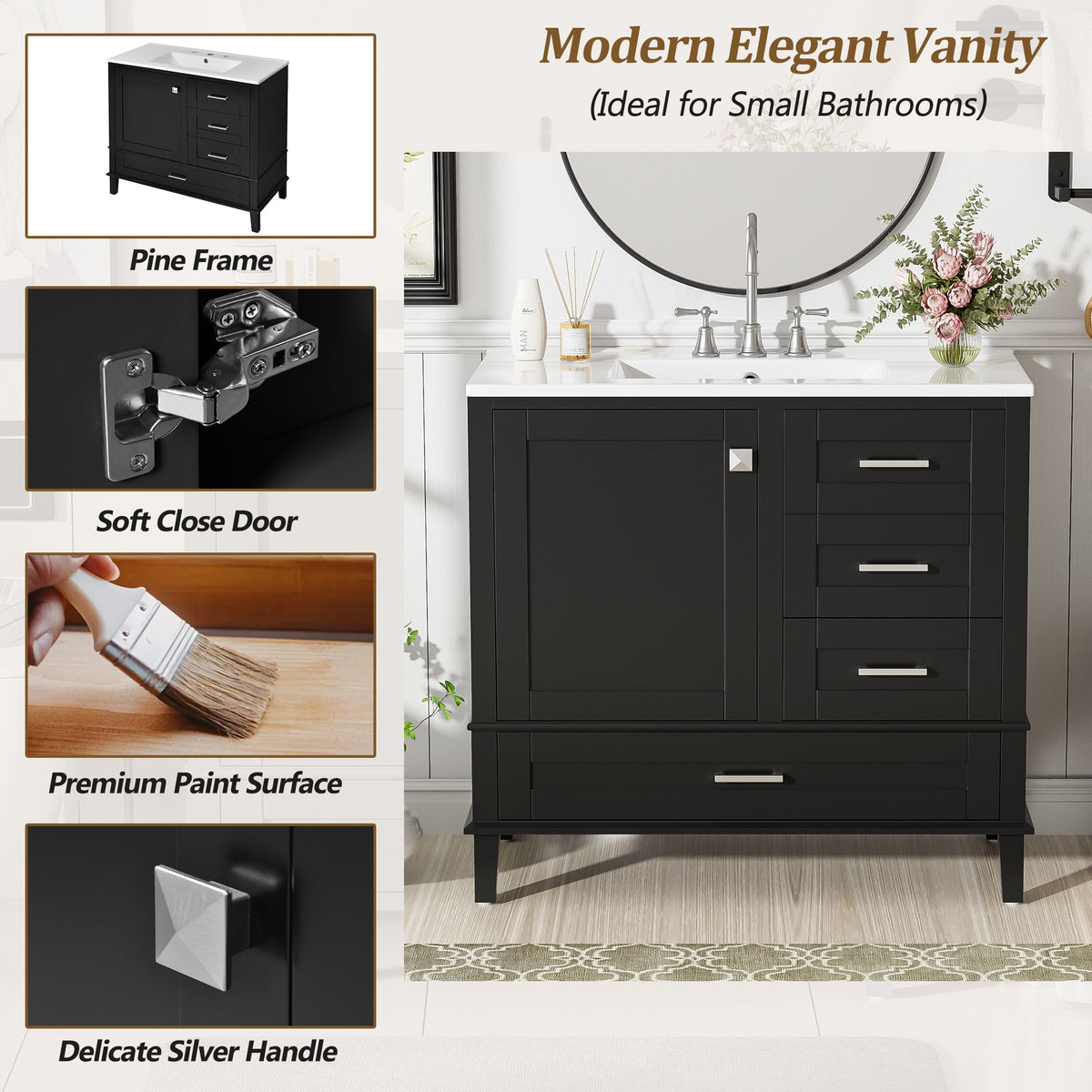 Dexmalle 36" Black Modern Bathroom Cabinet with Sink Combo Set