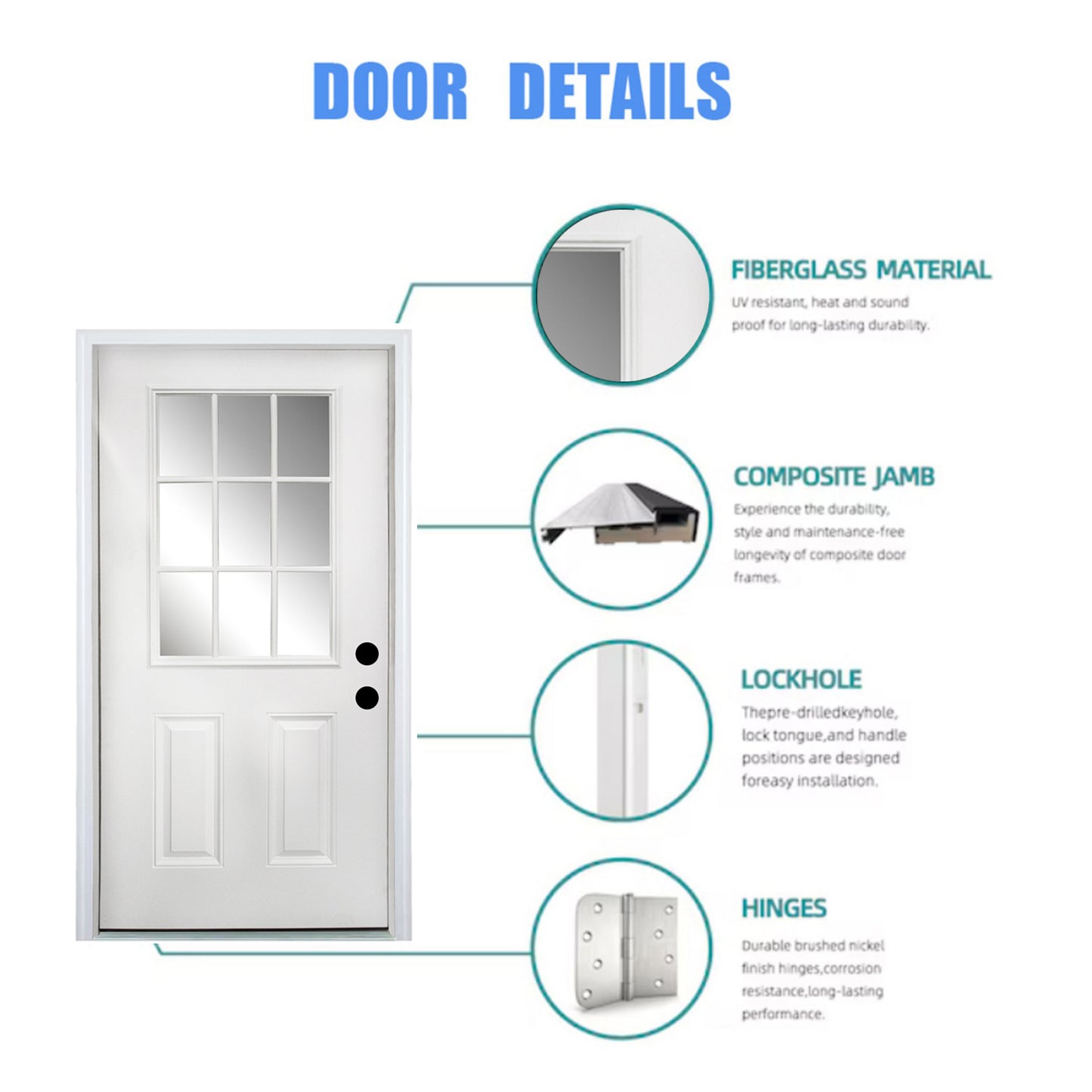 Dexmalle Left Hand Inswing 36 x 80 Fiberglass Entry Door
