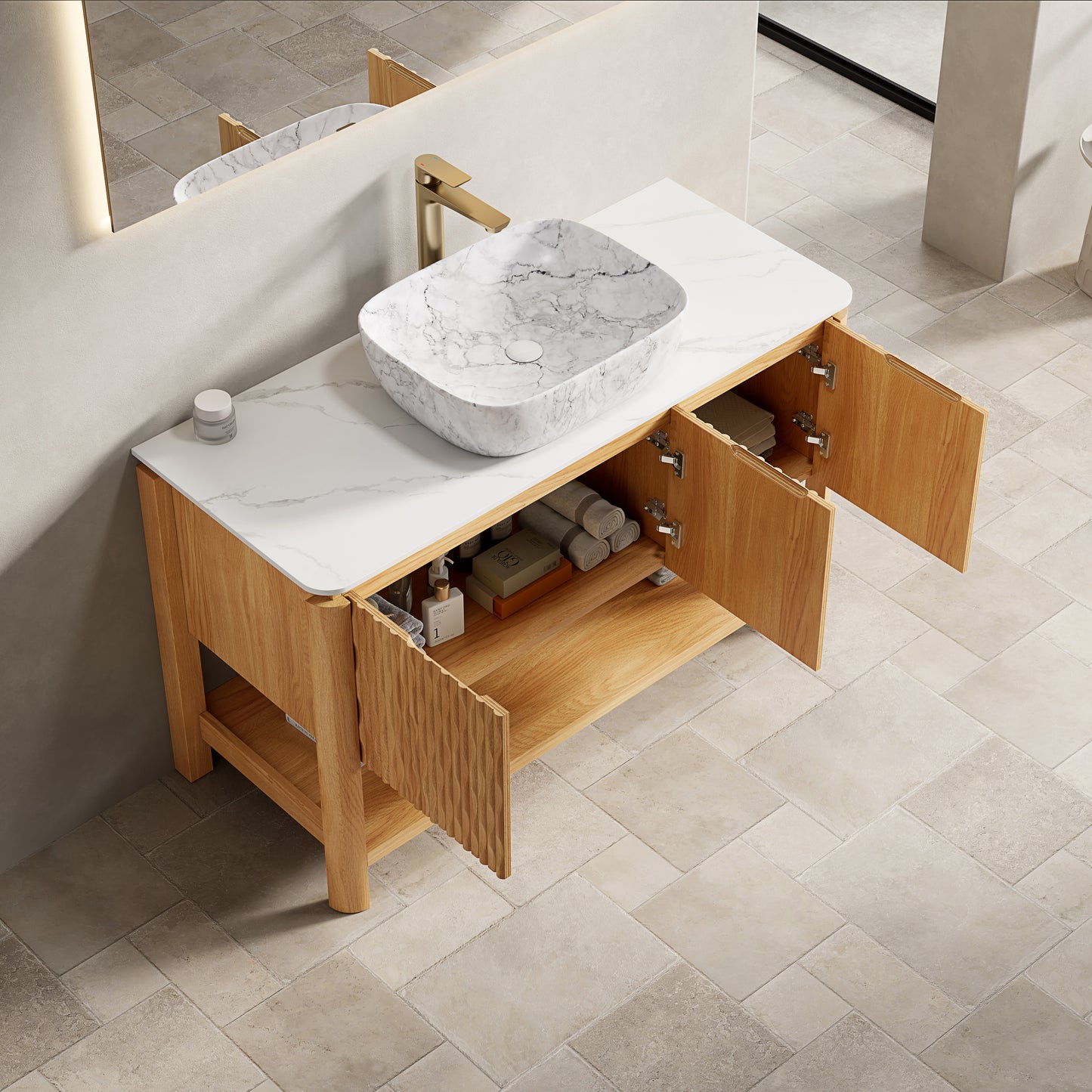 Dexmalle 48-in Natural Freestanding Single Sink Bathroom Vanity with White Sintered Stone Top and Vessel Sink
