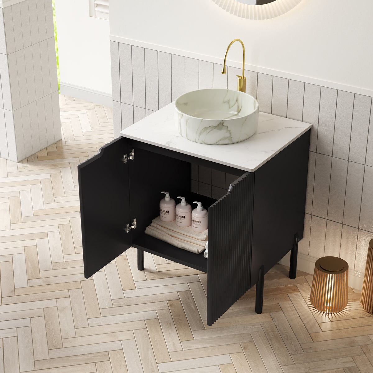 Dexmalle 24" Bathroom Vanity with Sink, Freestanding Bathroom Storage Cabinet with 2 Doors, White Round Ceramic Basin