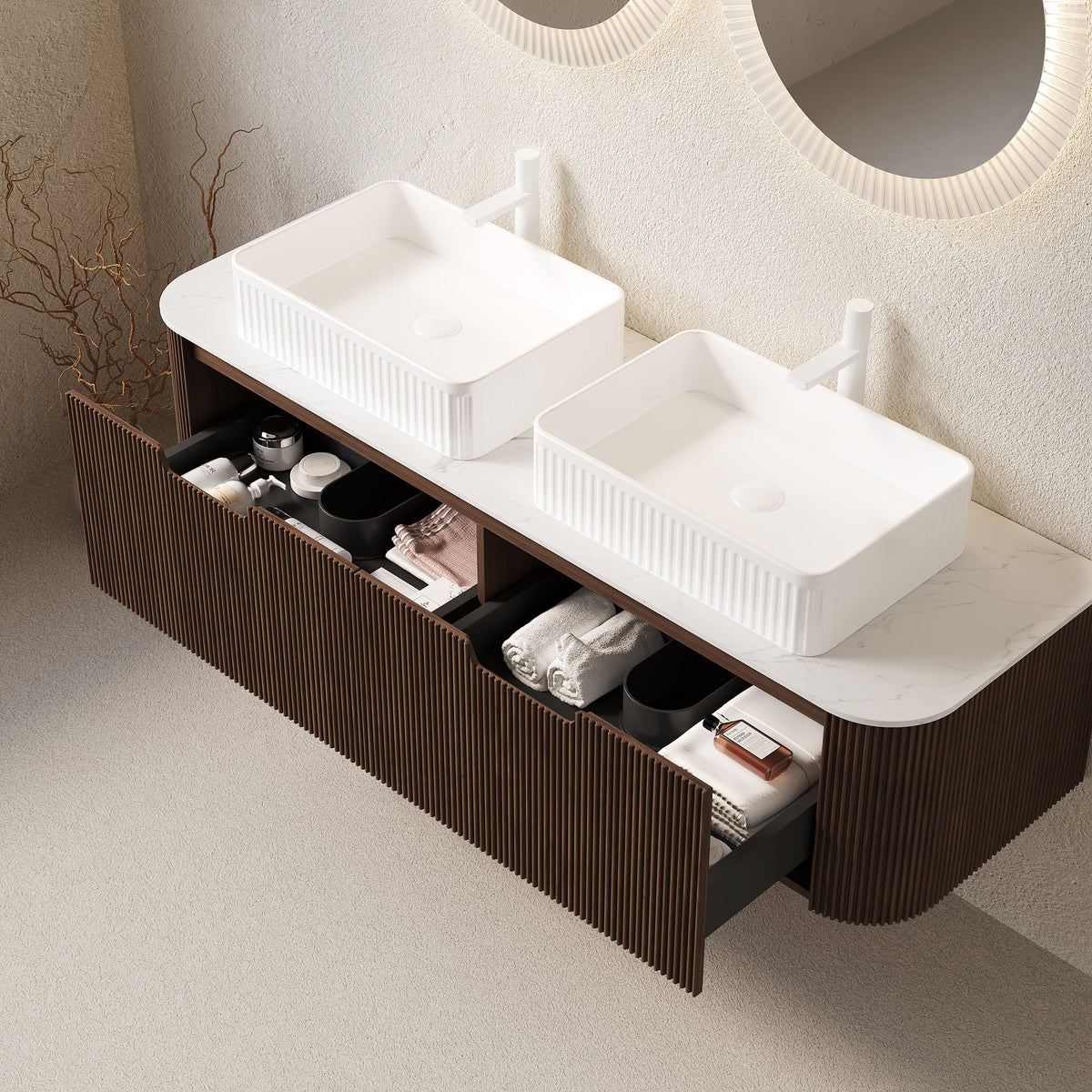 Dexmalle 60" Bathroom Vanity&Sinks, Floating Curved Edges Stripe Storage Cabinet with 2 Drawers, 2 White Rectangular Ceramic Basins