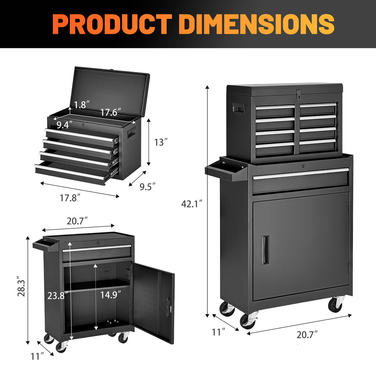 Dexmalle 5-Drawer Rolling Tool Storage Cabinet with Detachable Top Tool Box
