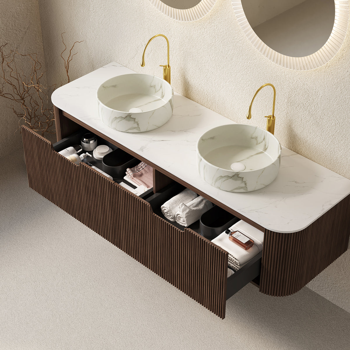 Dexmalle 60" Bathroom Vanity&Sinks, Floating Curved Edges Striped Storage Cabinet with 2 Drawers,Pre-assemble, Dark Walnut Woodgrain