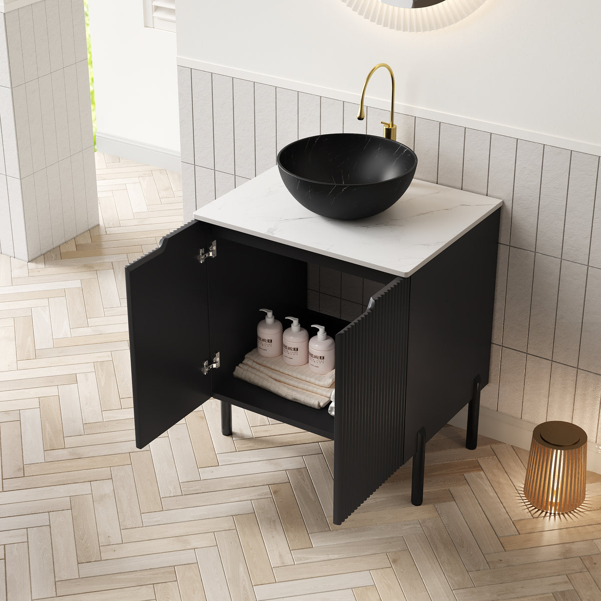 Dexmalle 24" Bathroom Vanity with Sink, Freestanding Bathroom Storage Cabinet with 2 Doors, Black Bowl Ceramic Basin