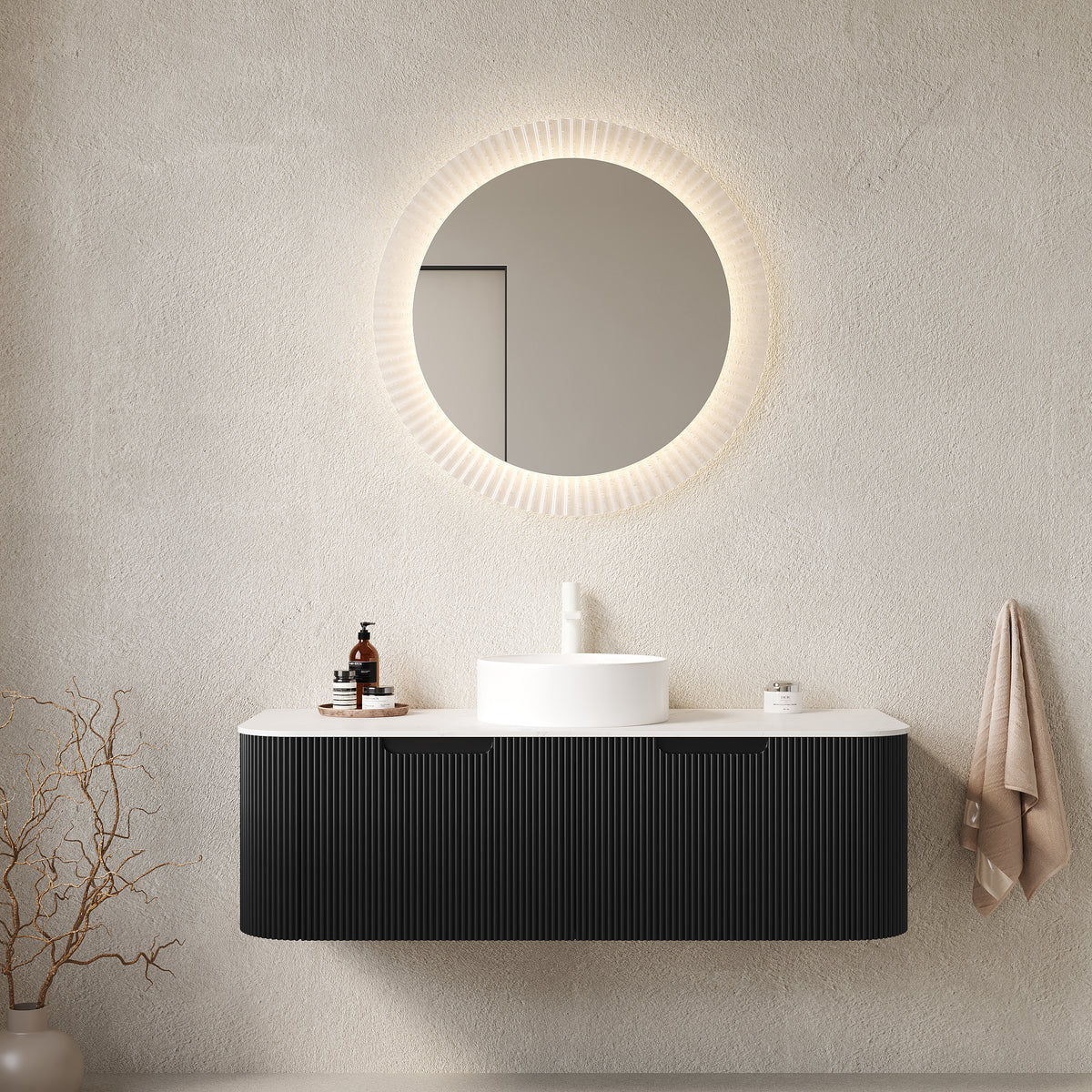 Dexmalle 48" Bathroom Vanity&Sink, Floating Curved Edges Striped Bathroom Storage Cabinet with 2 Drawers, White Round Ceramic Basin