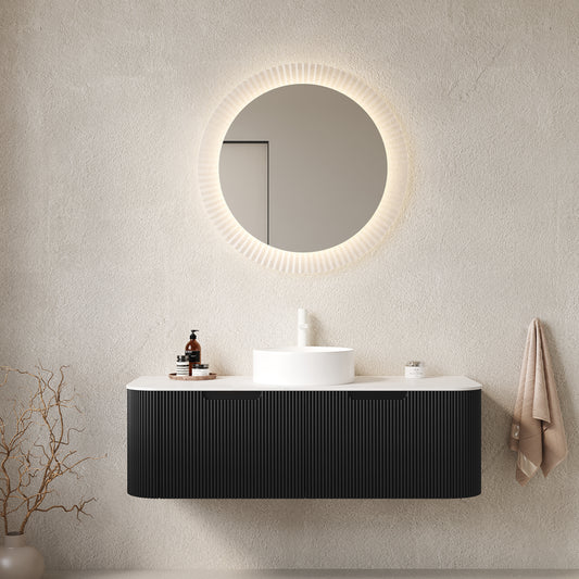 Dexmalle 48" Bathroom Vanity&Sink, Floating Curved Edges Striped Bathroom Storage Cabinet with 2 Drawers, White Round Ceramic Basin