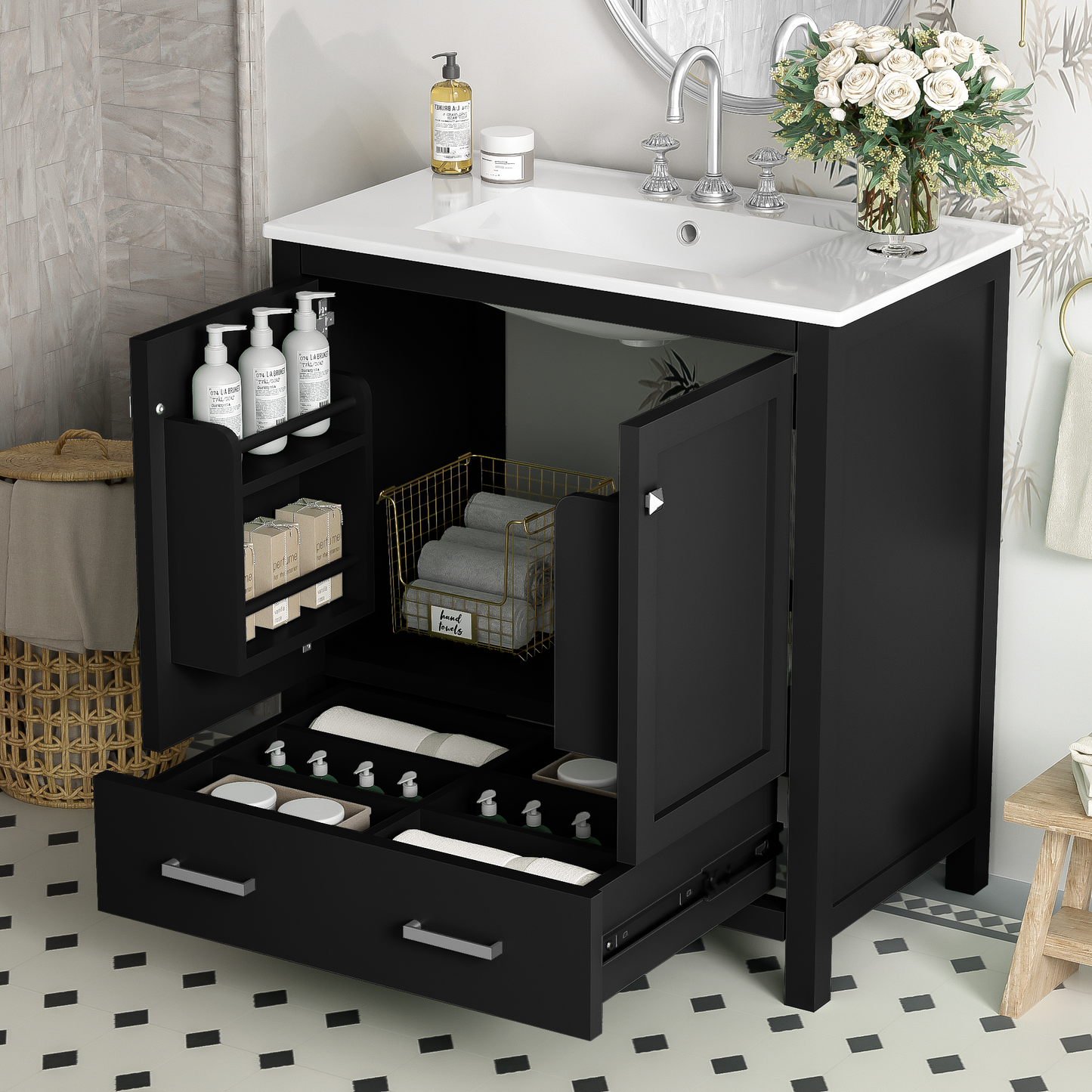 Dexmalle 30-in Black Undermount Single Sink Bathroom Vanity With White Ceramic Top and Drawer