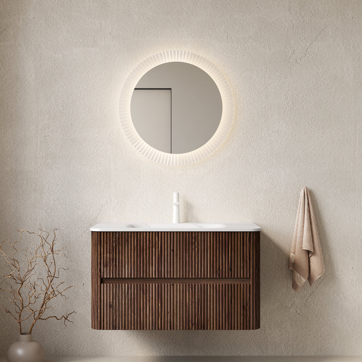 Dexmalle 36" Bathroom Vanity&Sink, Floating Stripe Plywood Storage Cabinet with 2 Drawers, Carrara White Sintered Stone