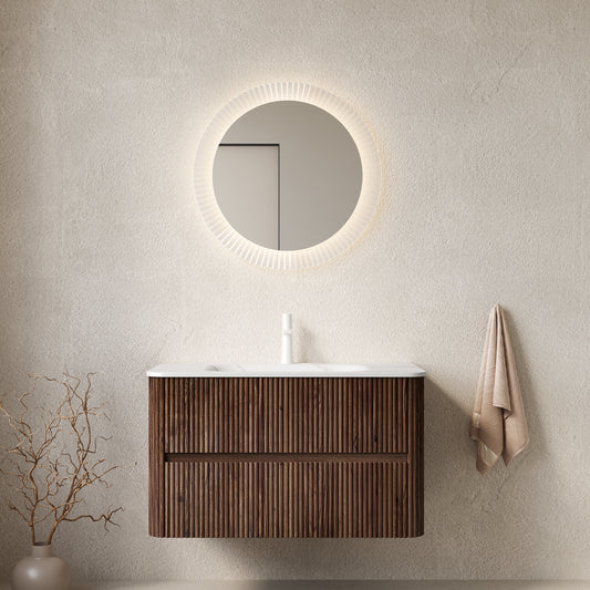 Dexmalle 36" Bathroom Vanity&Sink, Floating Stripe Plywood Storage Cabinet with 2 Drawers, Carrara White Sintered Stone