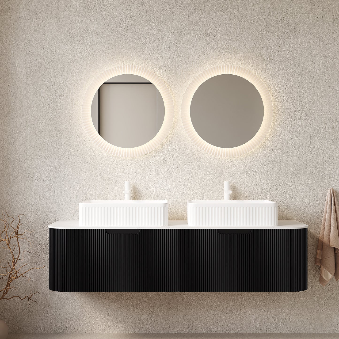 Dexmalle 60-in Black Wall-mount Double Sink Bathroom Vanity with Sintered Stone Top and White Vessel Sink