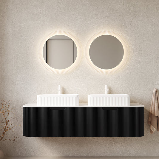 Dexmalle 60-in Black Wall-mount Double Sink Bathroom Vanity with Sintered Stone Top and White Vessel Sink