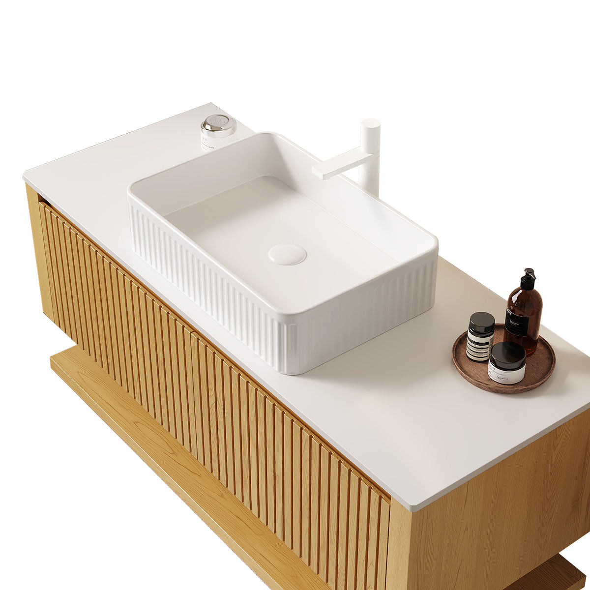Dexmalle 48" Bathroom Vanity with Sink, Wall Mounted Plywood Bathroom Storage Cabinet with Drawers and Open Shelf, Sintered Stone Countertop and Ceramic Basin