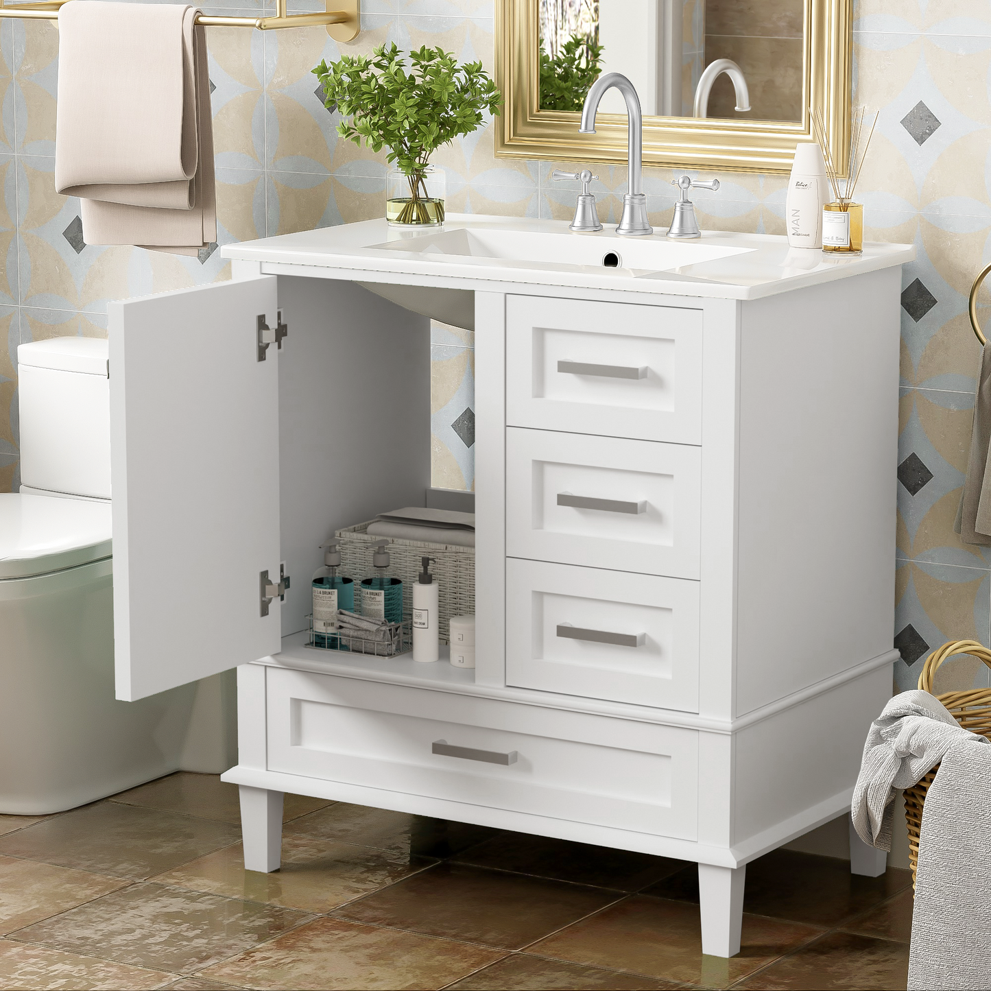 Dexmalle 30-in White Freestanding Single Sink Bathroom Vanity With White Ceramic Top and Drawers
