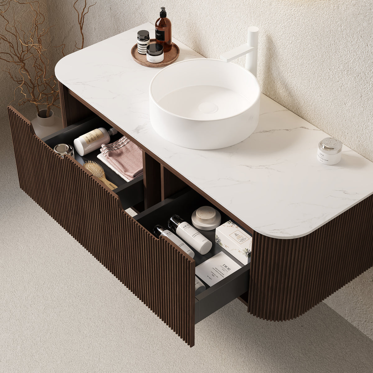 Dexmalle 48" Bathroom Vanity&Sink, Floating Curved Edges Striped Storage Cabinet with 2 Drawers, White Round Ceramic Basin