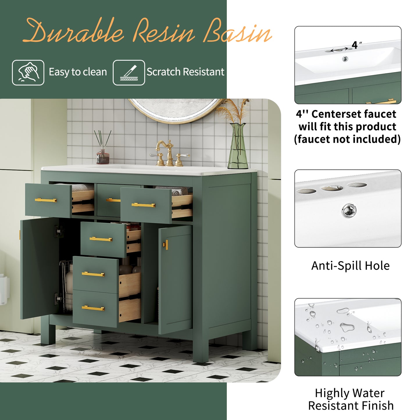 Dexmalle 36-in Green Undermount Single Sink Bathroom Vanity with White Ceramic Top and Four Drawers