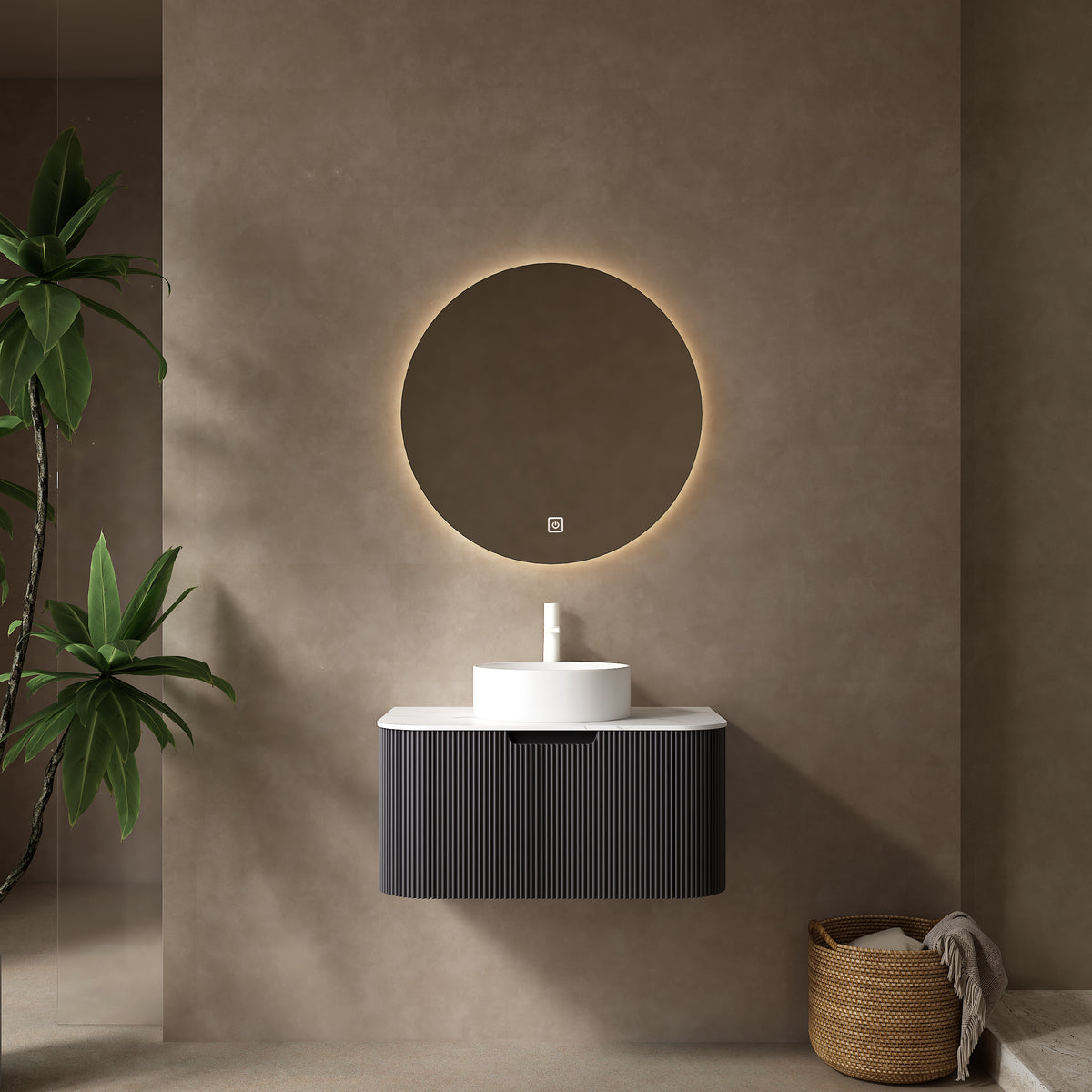 Dexmalle 30" Bathroom Vanity&Sink, Floating Curved Edges Striped Storage Cabinet with Drawer, White Round Ceramic Basin