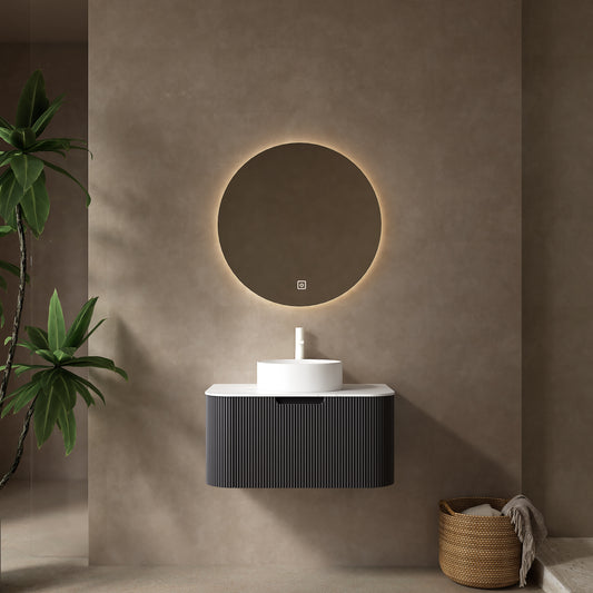 Dexmalle 30" Bathroom Vanity&Sink, Floating Curved Edges Striped Storage Cabinet with Drawer, White Round Ceramic Basin