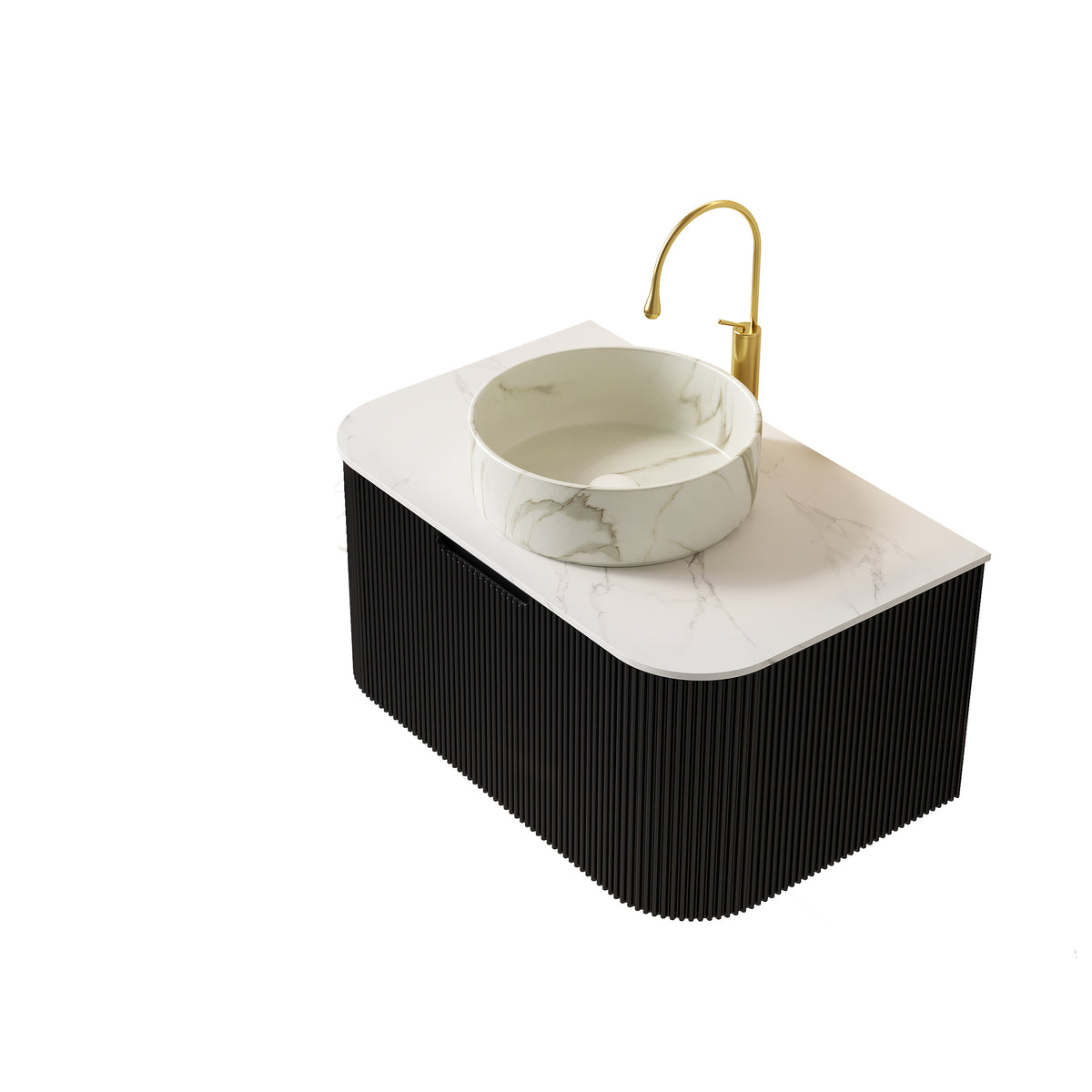 Dexmalle 30" Bathroom Vanity&Sink, Floating Curved Edges Striped Storage Cabinet with Drawer, Matte Stone White Round Ceramic Basin