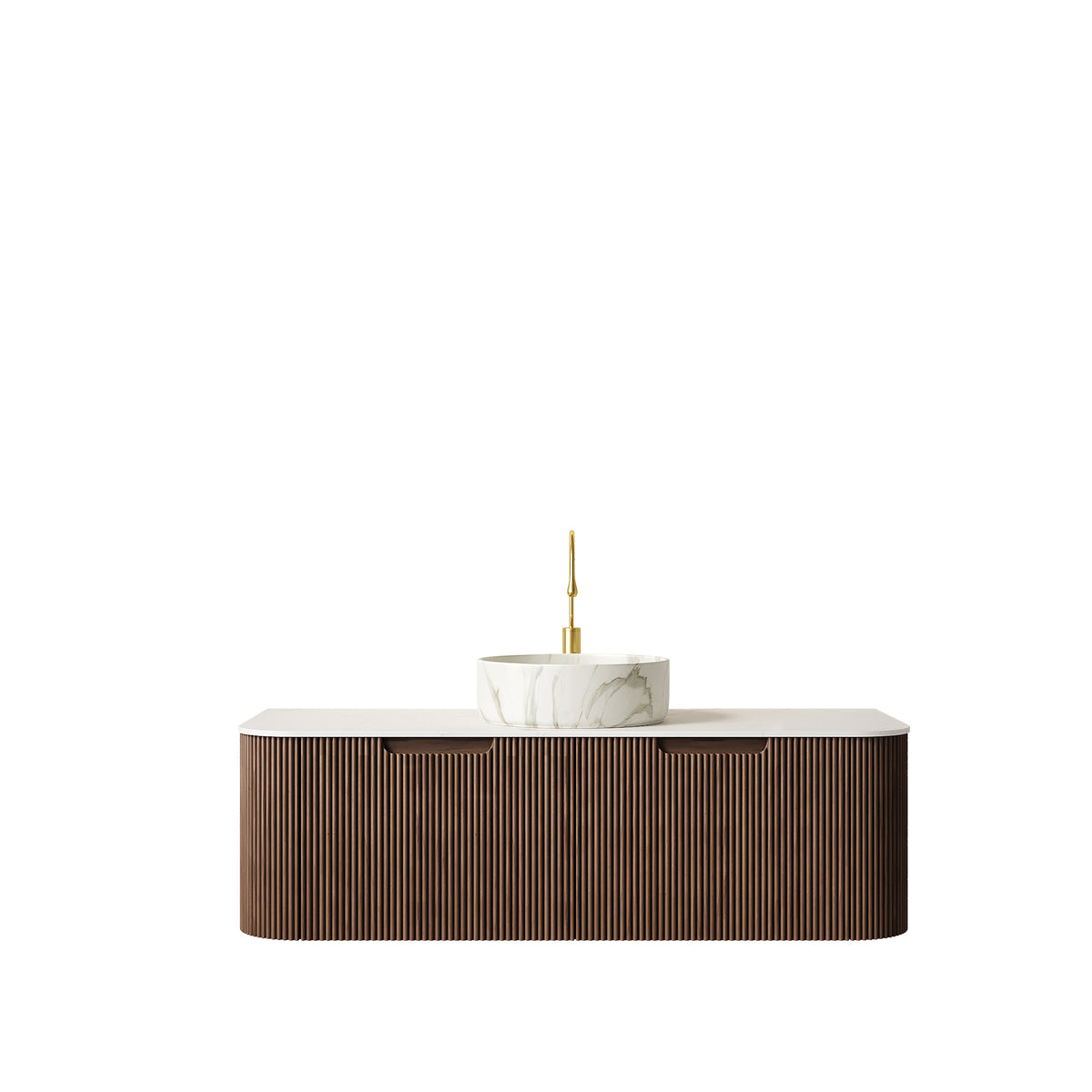 Dexmalle 48" Bathroom Vanity&Sink, Floating Curved Edges Stripe Storage Cabinet with 2 Drawers, Stone White Round Ceramic Basin