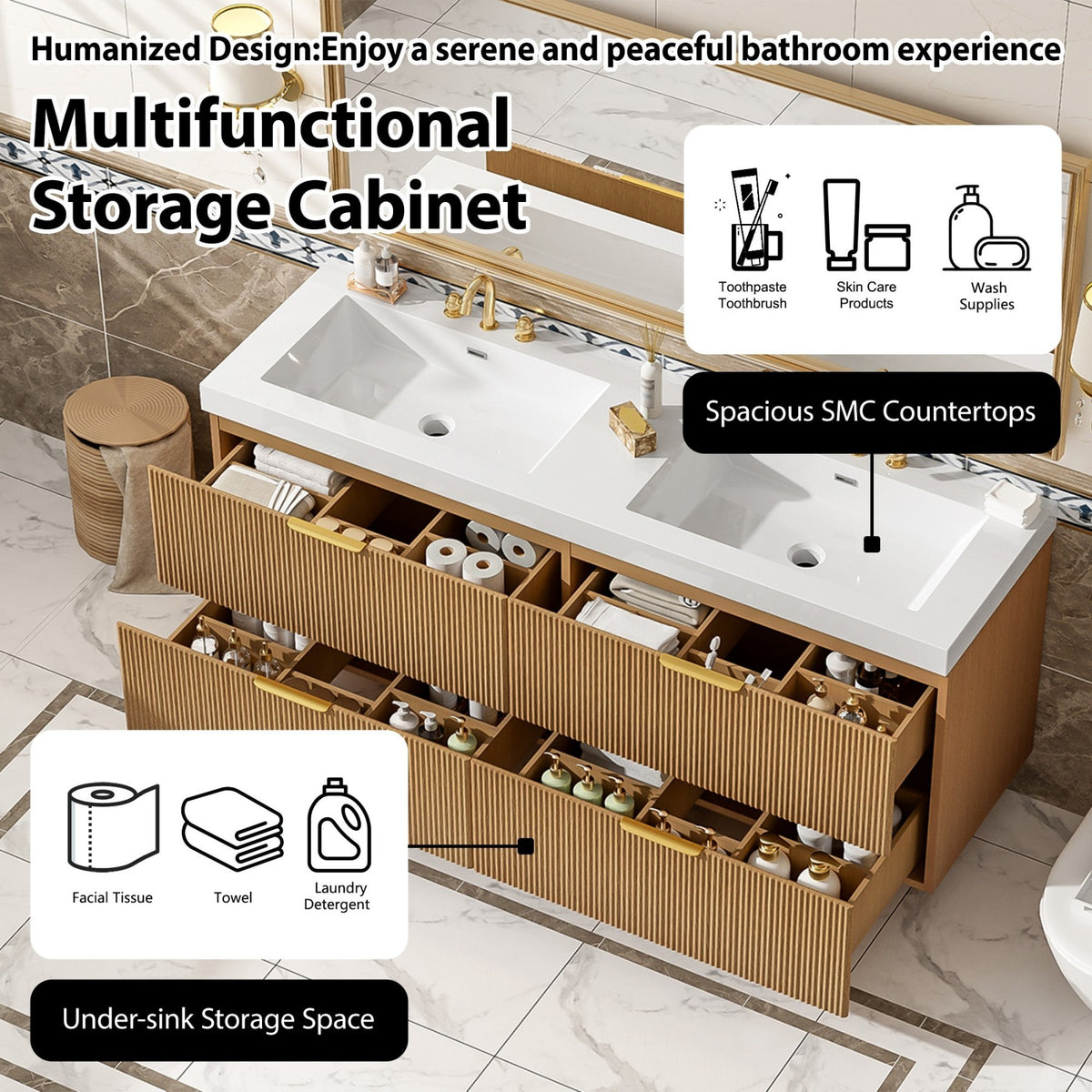 Dexmalle 59.3 Inch Double Sink Bathroom Vanity with SMC Top