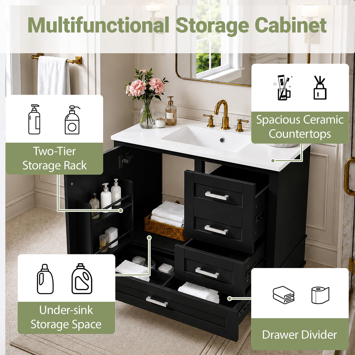 Dexmalle 36" Black Modern Bathroom Cabinet with Sink Combo Set