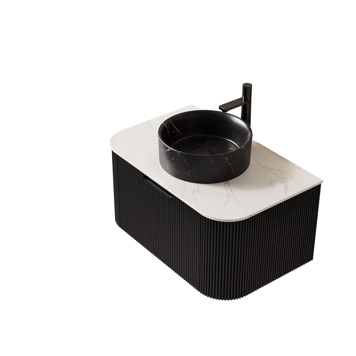 Dexmalle 30" Bathroom Vanity&Sink, Floating Curved Edges Striped Storage Cabinet with Drawer, Stone Black Round Ceramic Basin