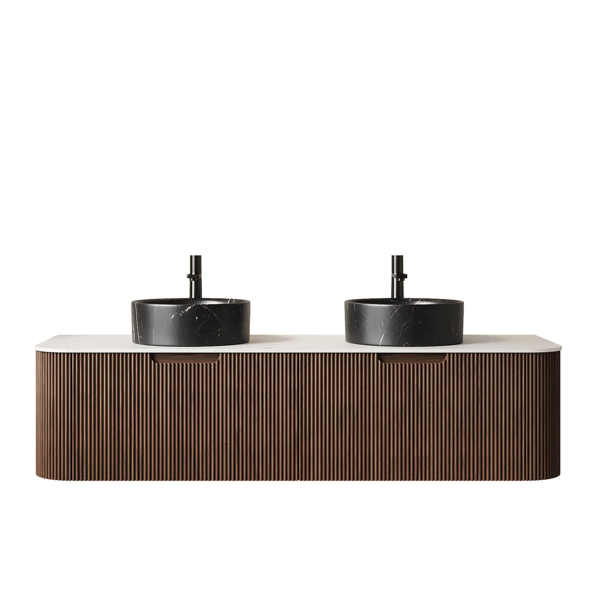 Dexmalle 60" Bathroom Vanity&Sinks, Floating Curved Edges Striped Storage Cabinet with 2 Drawers, 2 Stone Black Round Ceramic Basins