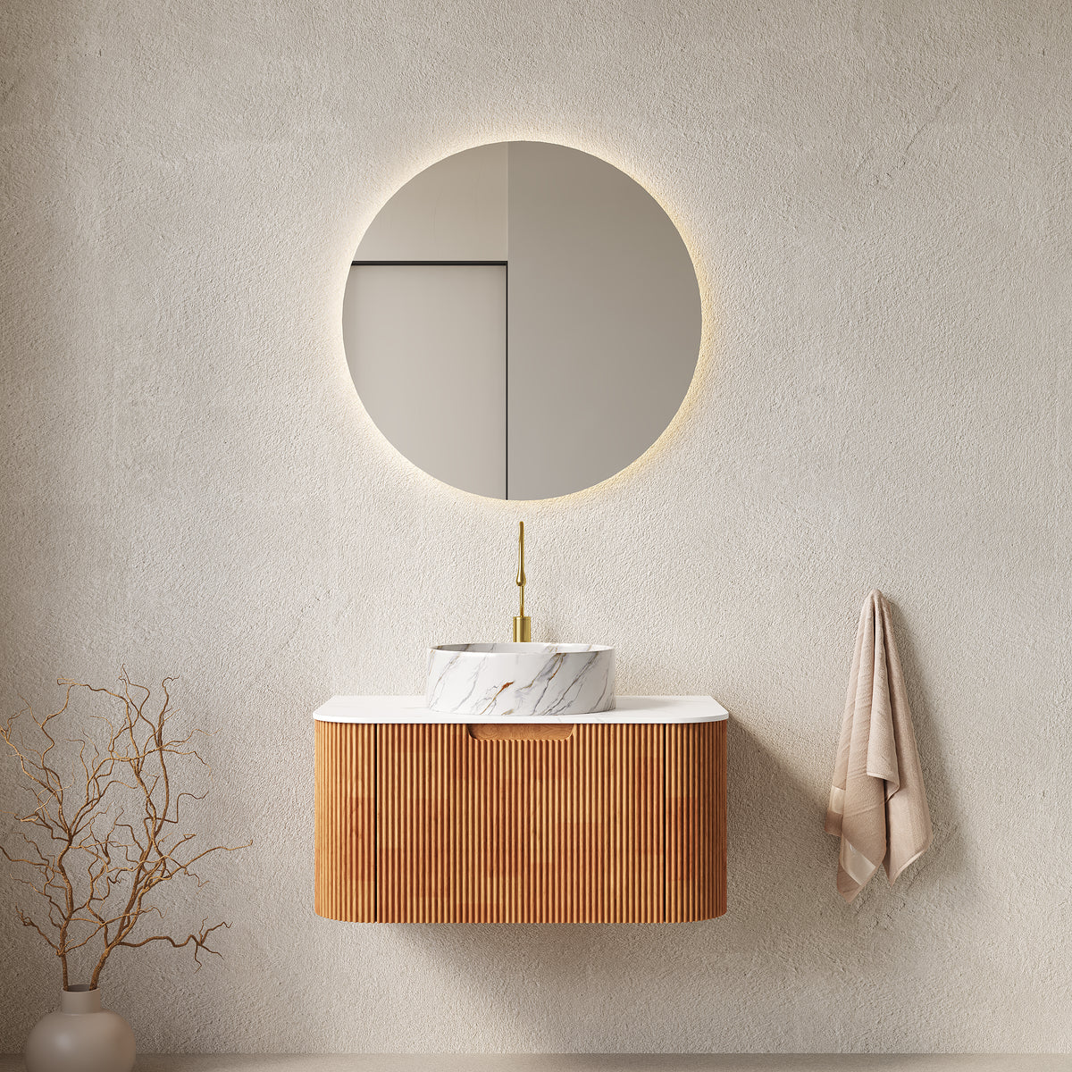 Dexmalle 24" Bathroom Vanity&Sink, Floating Curved Edges Striped Storage Cabinet with Drawer, Matte Stone White Round Ceramic Basin