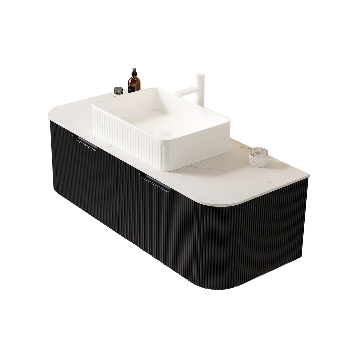 Dexmalle 48" Bathroom Vanity&Sink, Floating Curved Edges Striped Plywood Storage Cabinet with 2 Drawers, White Rectangular Ceramic Basin
