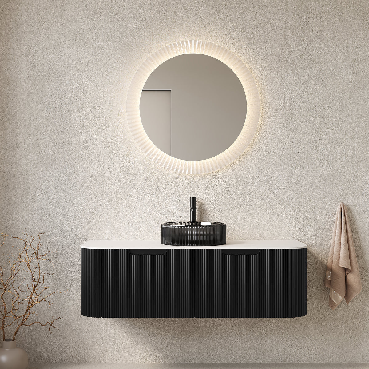 Dexmalle 48" Bathroom Vanity&Sink, Floating Curved Edges Striped Plywood Storage Cabinet with 2 Drawers, Transparent Black Round Glass Basin