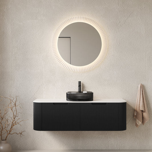 Dexmalle 48" Bathroom Vanity&Sink, Floating Curved Edges Striped Plywood Storage Cabinet with 2 Drawers, Transparent Black Round Glass Basin