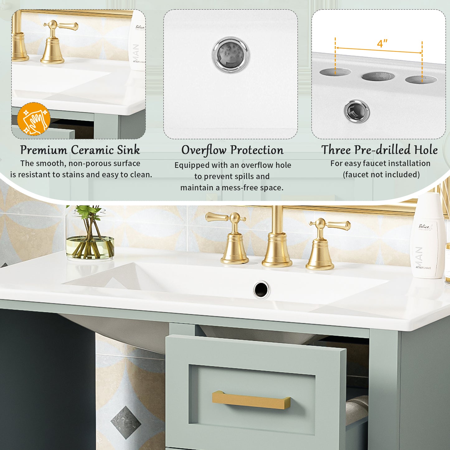 Dexmalle 30-in Light Green Freestanding Single Sink Bathroom Vanity with White Ceramic Top and Drawers