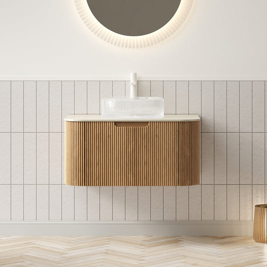 Dexmalle 30" Bathroom Vanity&Sink, Floating Curved Edges Striped Storage Cabinet with Drawer, Transparent Round Glass Basin