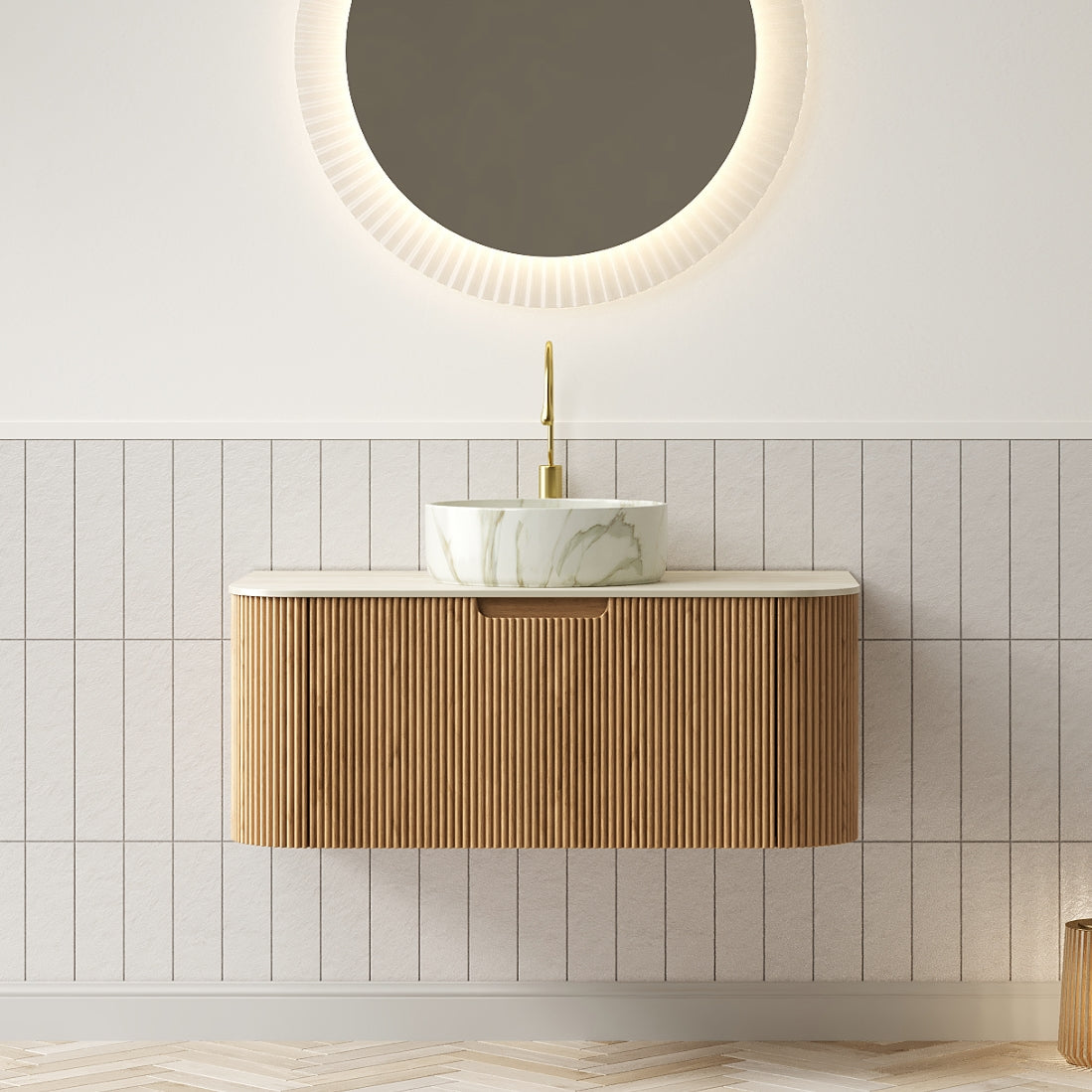 Dexmalle 36" Bathroom Vanity&Sink, Floating Curved Edges Striped Cabinet with Drawer, Round Ceramic Basin