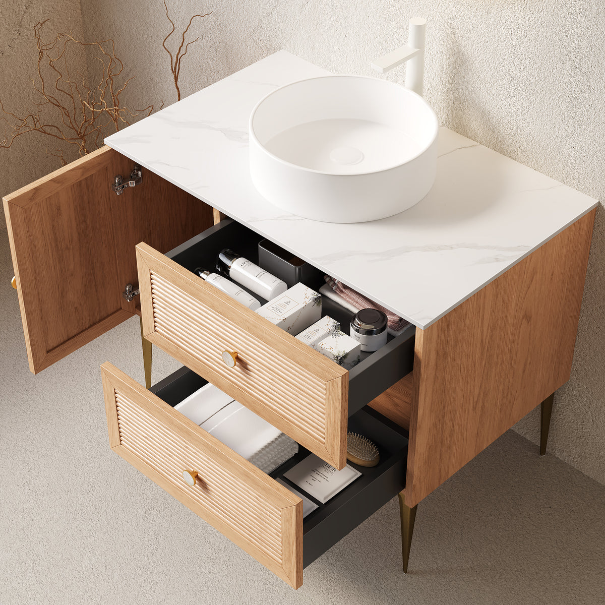 Dexmalle 36" Bathroom Vanity with Sink, Freestanding Plywood Storage Cabinet with 4 Metal Legs, Door and 2 Drawers