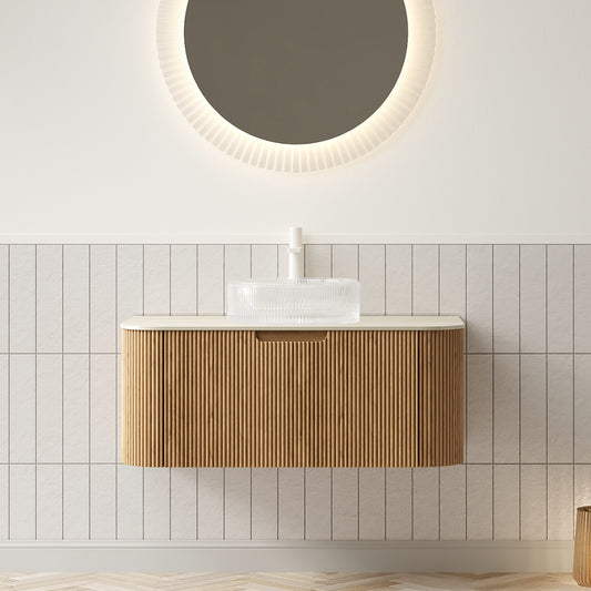 Dexmalle 36" Bathroom Vanity&Sink, Floating Curved Edges Striped Storage Cabinet with Drawer