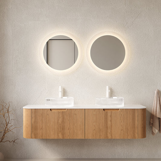 Dexmalle 60" Bathroom Vanity&Sinks, Floating Curved Edges Striped Storage Cabinet with 2 Drawers, 2 Transparent Round Glass Basins