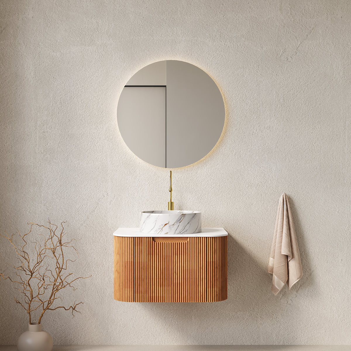 Dexmalle 24" Bathroom Vanity&Sink, Floating Curved Edges Striped Storage Cabinet with Drawer, Matte Stone White Round Ceramic Basin
